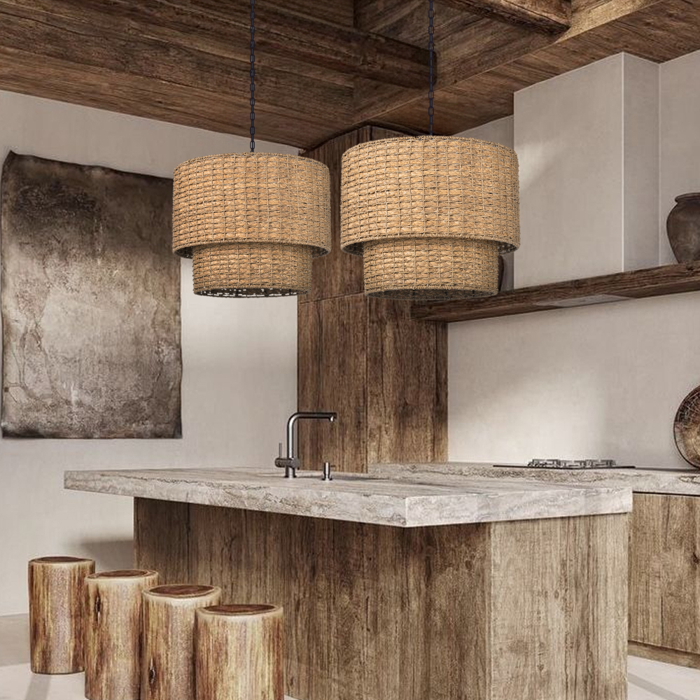 Japanese Style Light Brown Rattan Double-tier Pendant Light For Dining Room