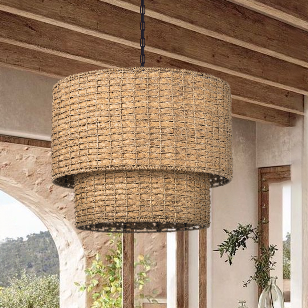 Japanese Style Light Brown Rattan Double-tier Pendant Light For Dining Room