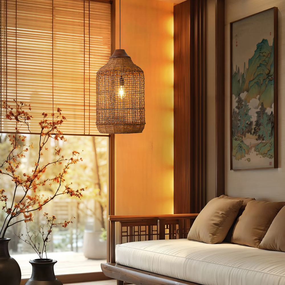 Minimalist Rattan Pendant Light Wabi Sabi Style House Decor Handmade Lampshade