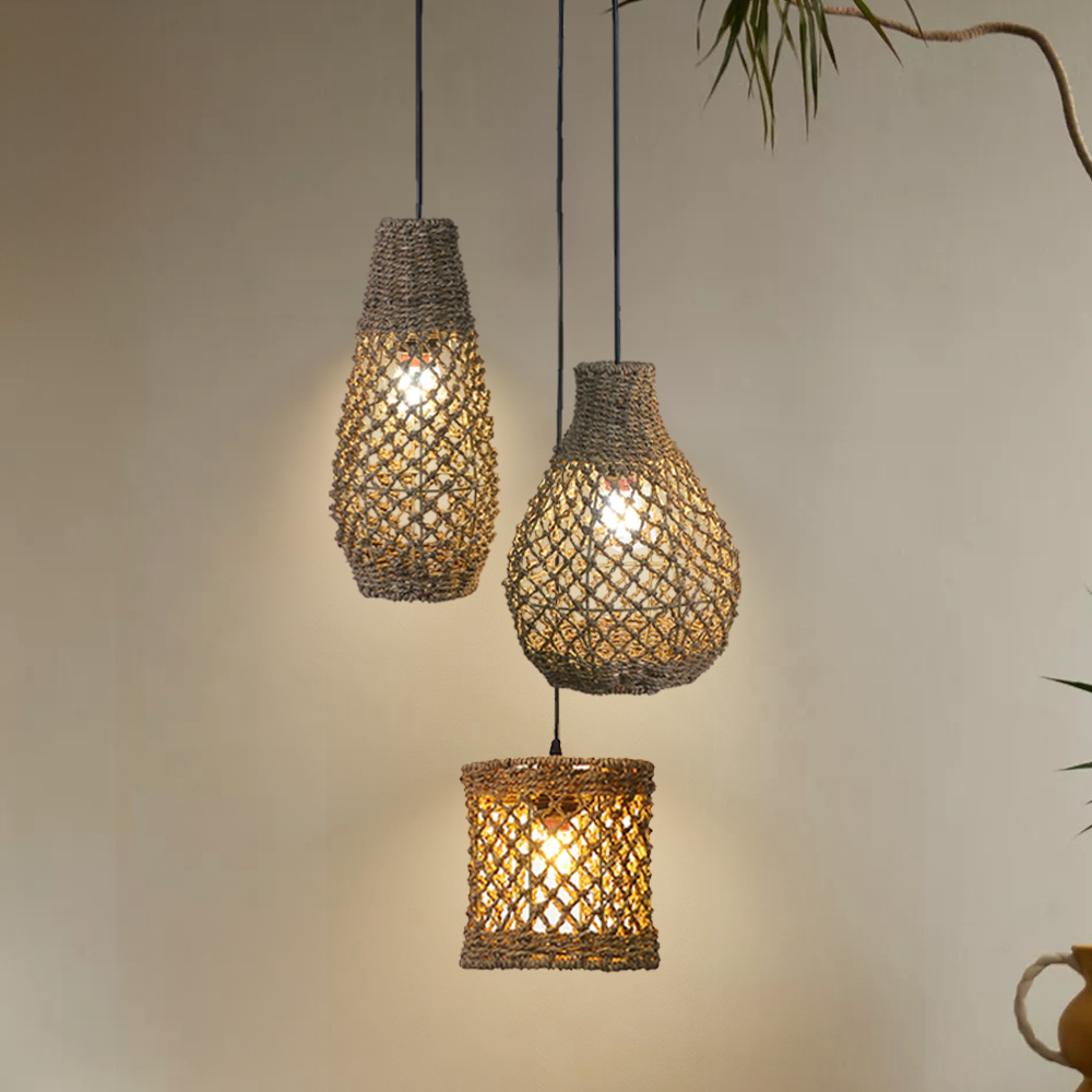 3 In 1 Living Room Pendant Light Wabi-sabi Seaweed Rattan Lamp