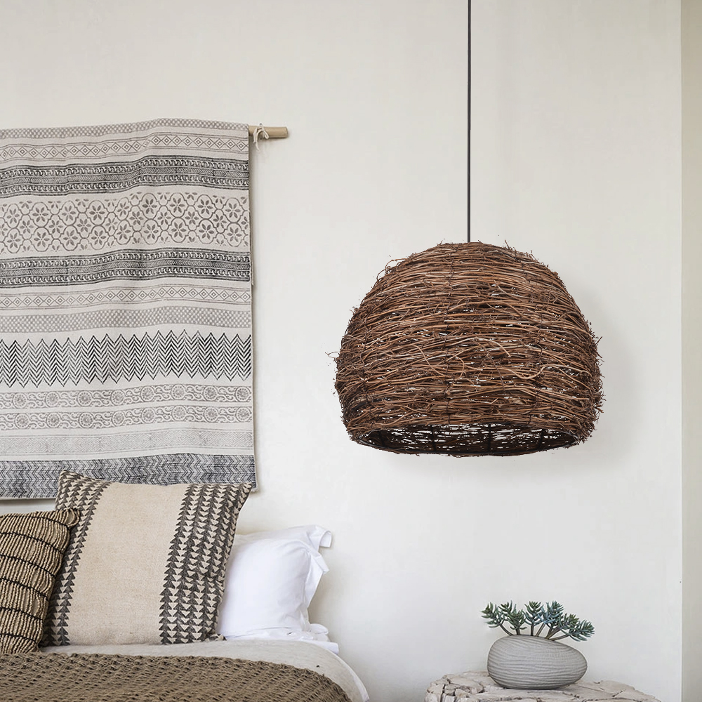 Wabi-sabi Style Rattan Woven Chandelier Creative Bird's Nest Lampshade