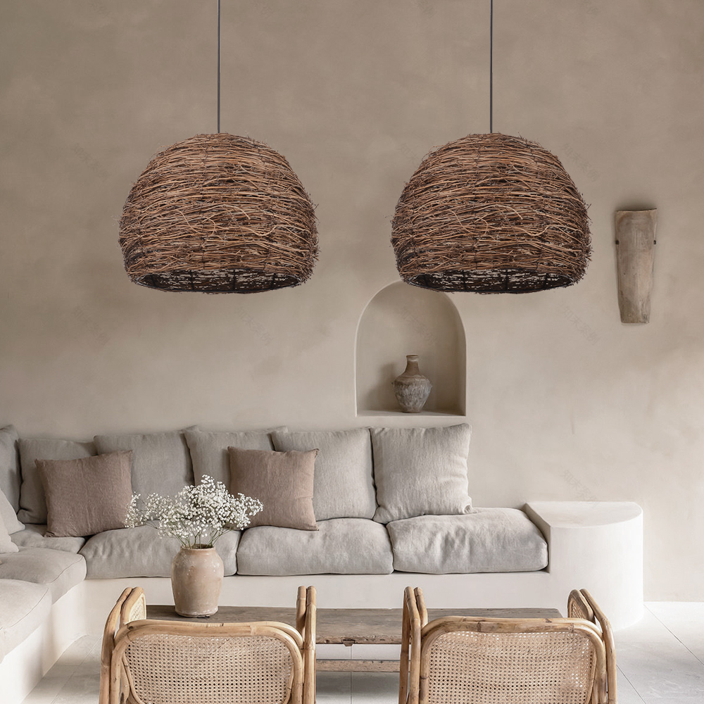 Wabi-sabi Style Rattan Woven Chandelier Creative Bird's Nest Lampshade