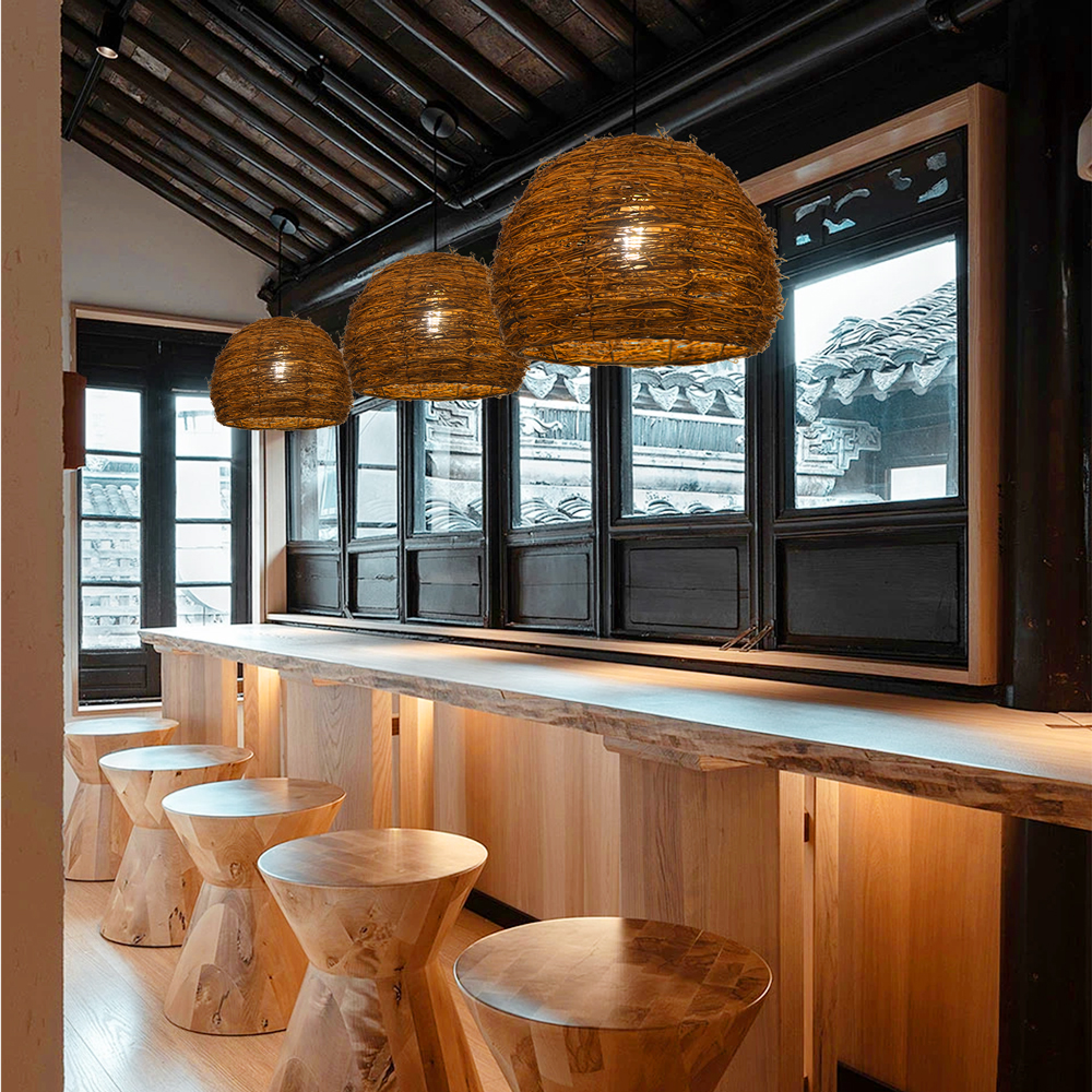 Wabi-sabi Style Rattan Woven Chandelier Creative Bird's Nest Lampshade