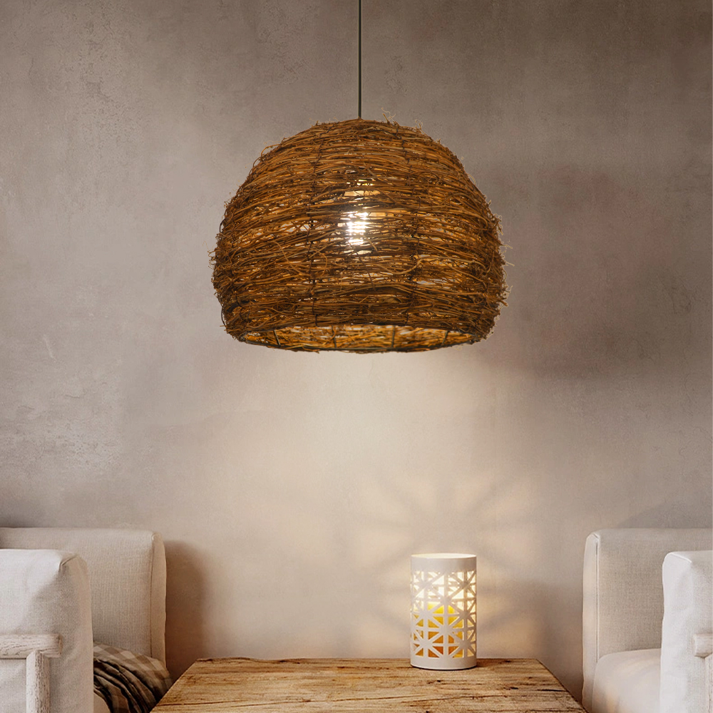 Wabi-sabi Style Rattan Woven Chandelier Creative Bird's Nest Lampshade