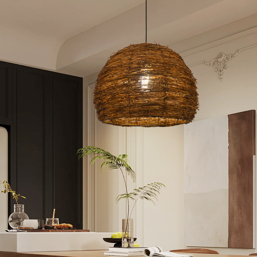 Wabi-sabi Style Rattan Woven Chandelier Creative Bird's Nest Lampshade