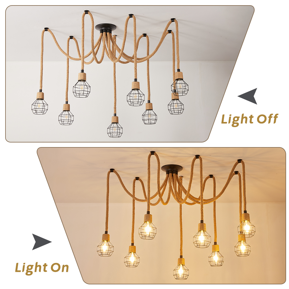 Retro Industrial Hemp Rope Grid Iron 8-Head Chandelier Dinning Room Art Decoration Lamp