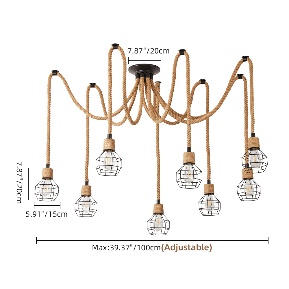 Retro Industrial Hemp Rope Grid Iron 8-Head Chandelier Dinning Room Art Decoration Lamp
