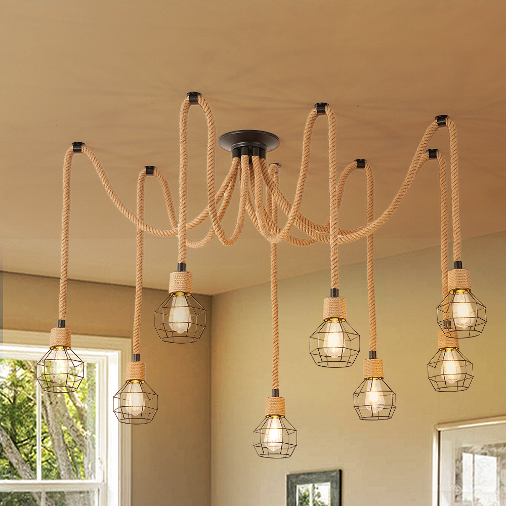 Retro Industrial Hemp Rope Grid Iron 8-Head Chandelier Dinning Room Art Decoration Lamp