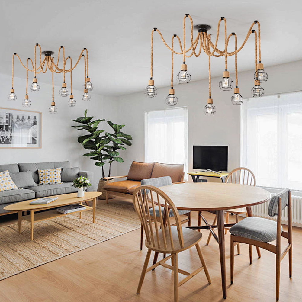 Retro Industrial Hemp Rope Grid Iron 8-Head Chandelier Dinning Room Art Decoration Lamp