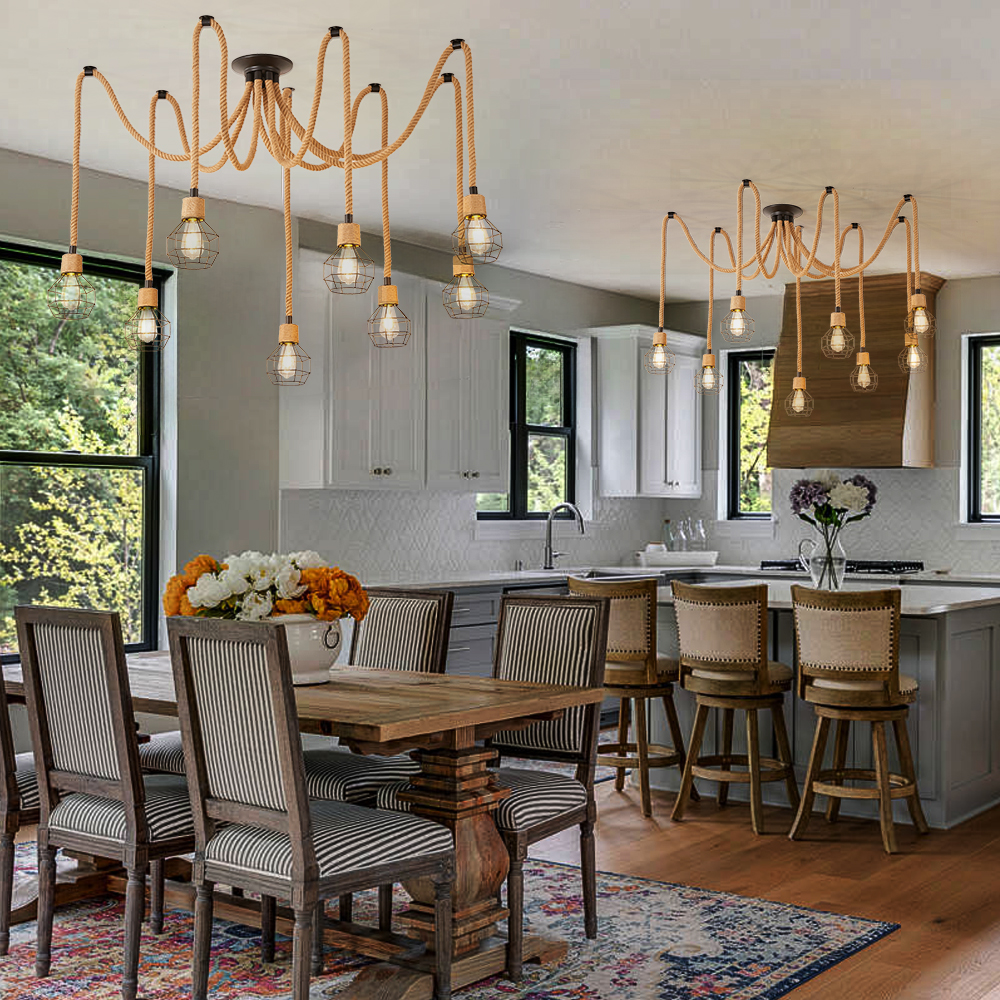 Retro Industrial Hemp Rope Grid Iron 8-Head Chandelier Dinning Room Art Decoration Lamp