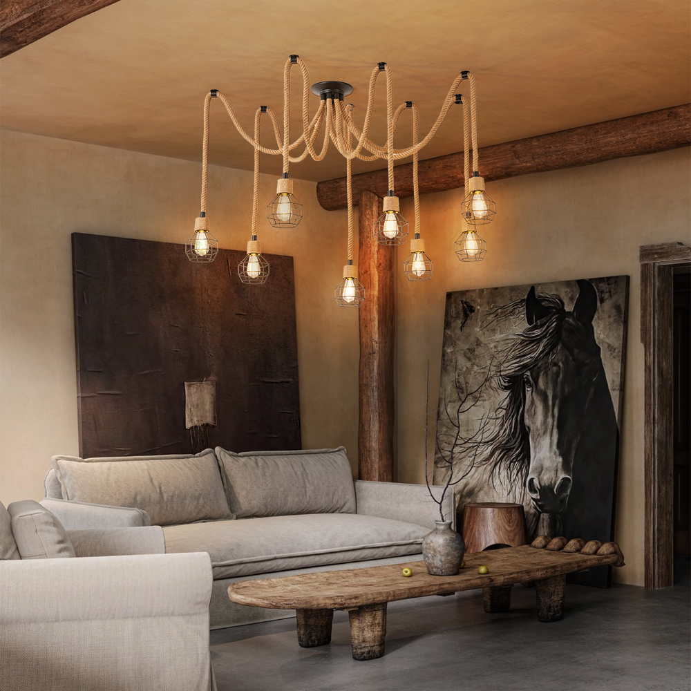 Retro Industrial Hemp Rope Grid Iron 8-Head Chandelier Dinning Room Art Decoration Lamp