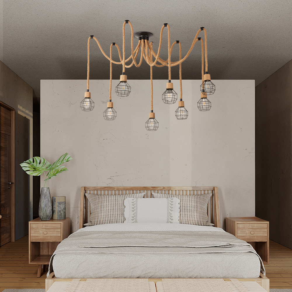 Retro Industrial Hemp Rope Grid Iron 8-Head Chandelier Dinning Room Art Decoration Lamp