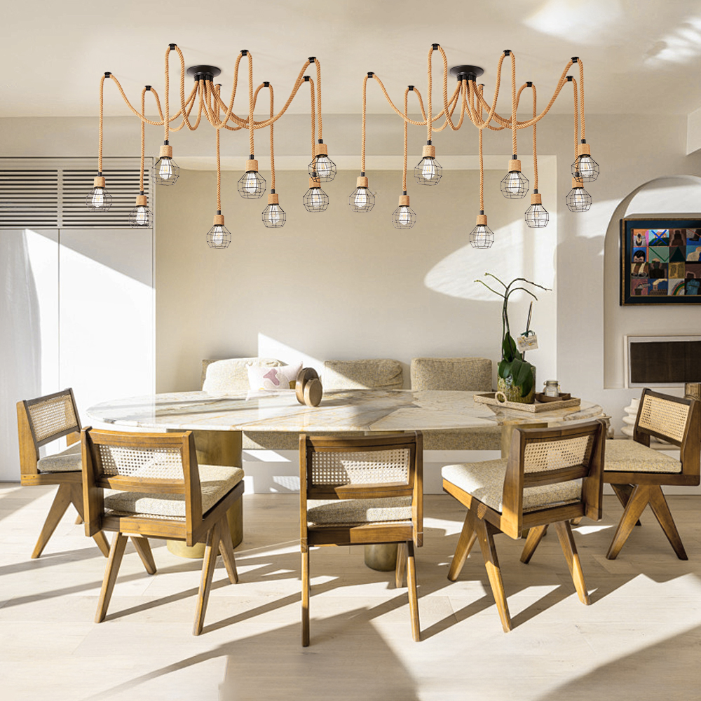 Retro Industrial Hemp Rope Grid Iron 8-Head Chandelier Dinning Room Art Decoration Lamp