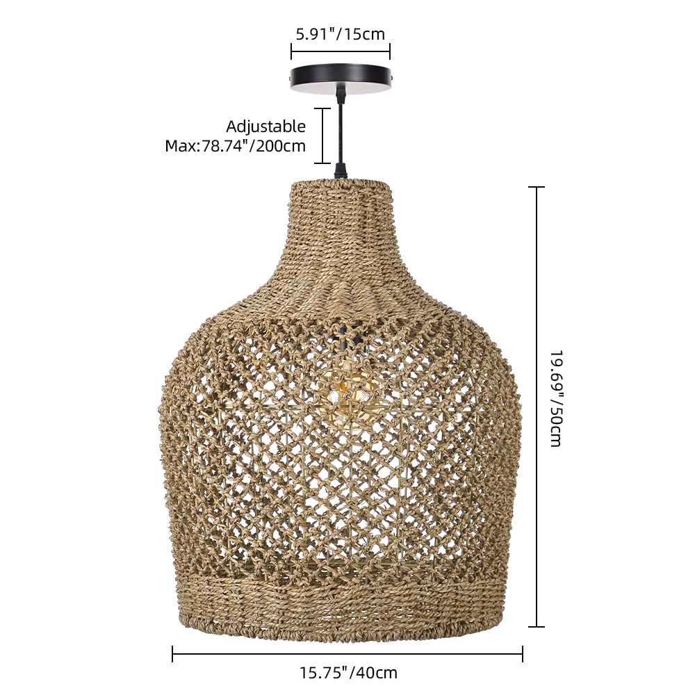 Natural Seagrass Woven Pendant Light Wabi-sabi Style Lantern Chandelier for Dining Room