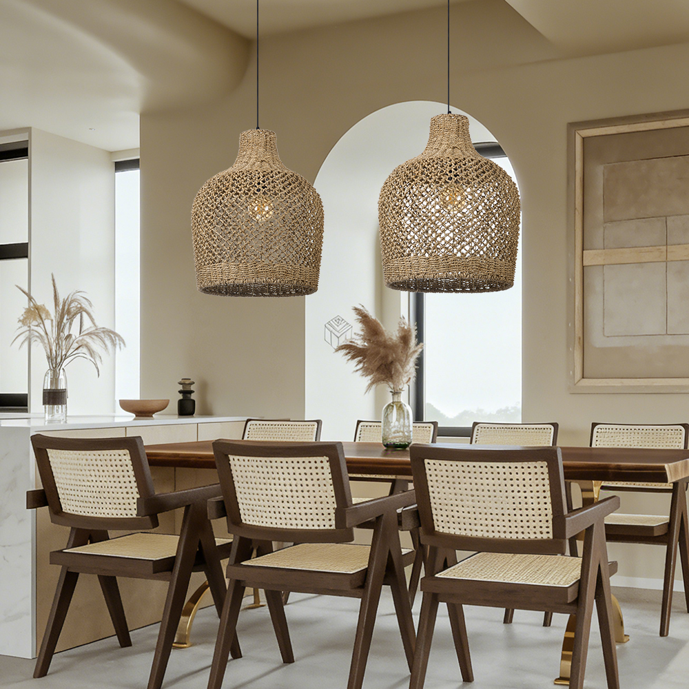 Natural Seagrass Woven Pendant Light Wabi-sabi Style Lantern Chandelier for Dining Room