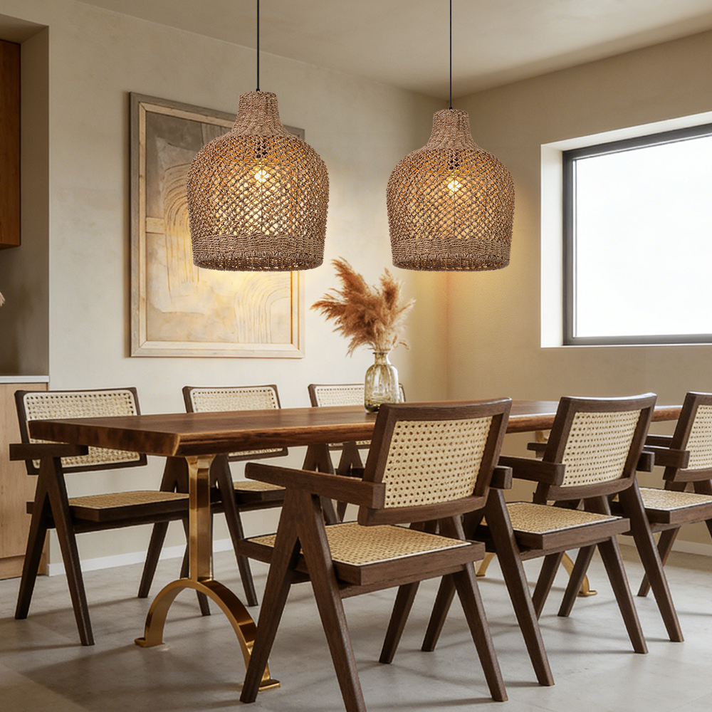 Natural Seagrass Woven Pendant Light Wabi-sabi Style Lantern Chandelier for Dining Room