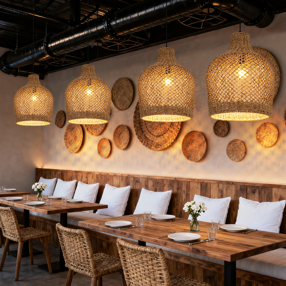 Natural Seagrass Woven Pendant Light Wabi-sabi Style Lantern Chandelier for Dining Room