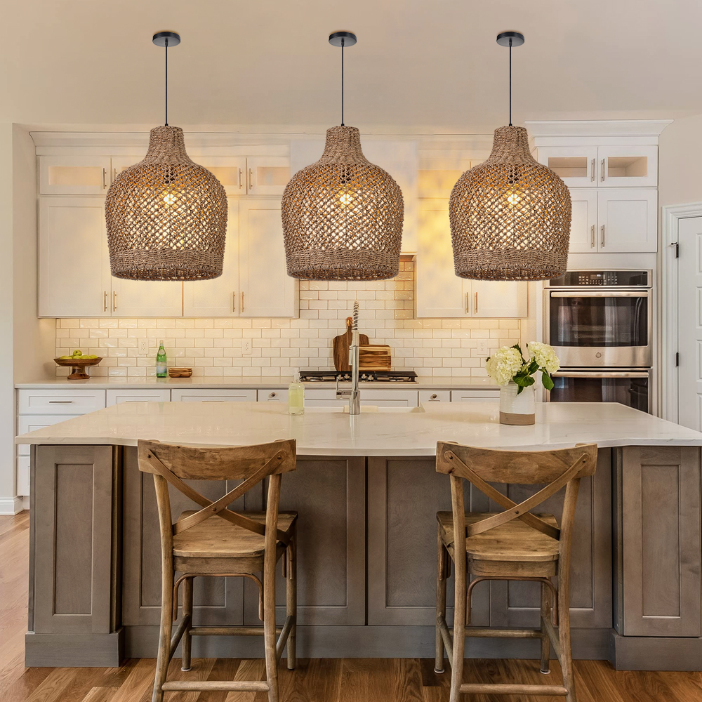 Natural Seagrass Woven Pendant Light Wabi-sabi Style Lantern Chandelier for Dining Room