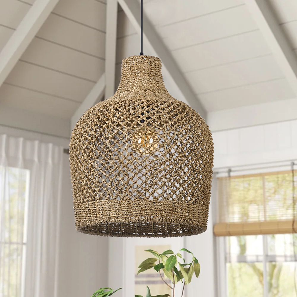 Natural Seagrass Woven Pendant Light Wabi-sabi Style Lantern Chandelier for Dining Room