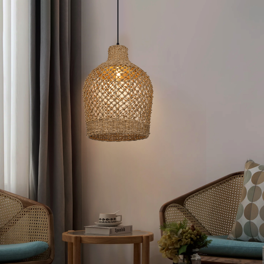Wabi-sabi Style Dining Table Vase Shape Lamp Rattan Seagrass Pendant Light