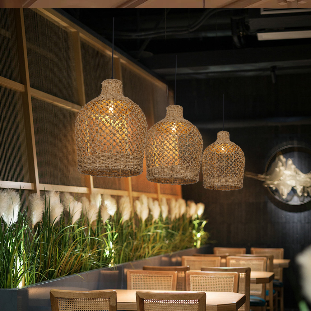 Wabi-sabi Style Dining Table Vase Shape Lamp Rattan Seagrass Pendant Light