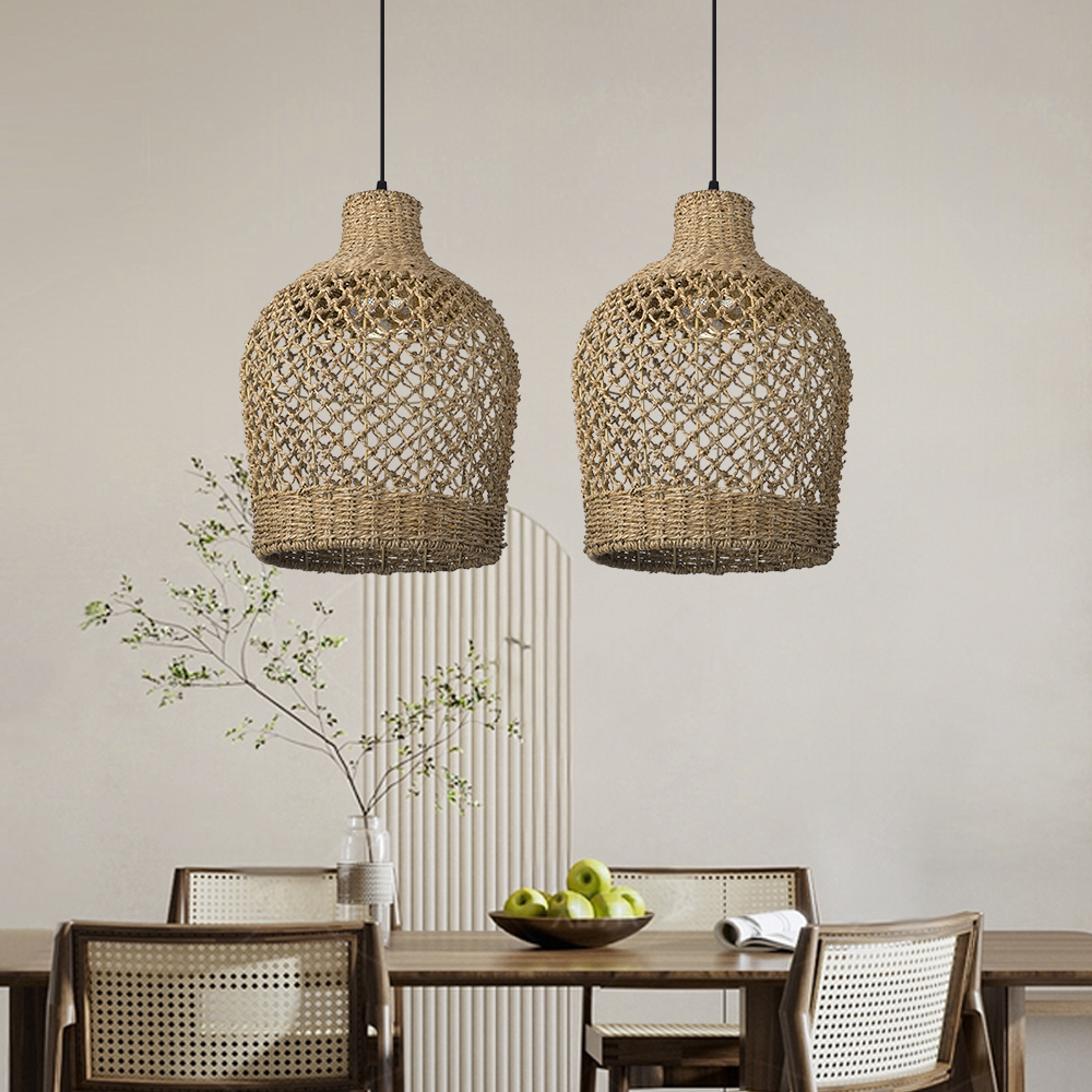 Wabi-sabi Style Dining Table Vase Shape Lamp Rattan Seagrass Pendant Light