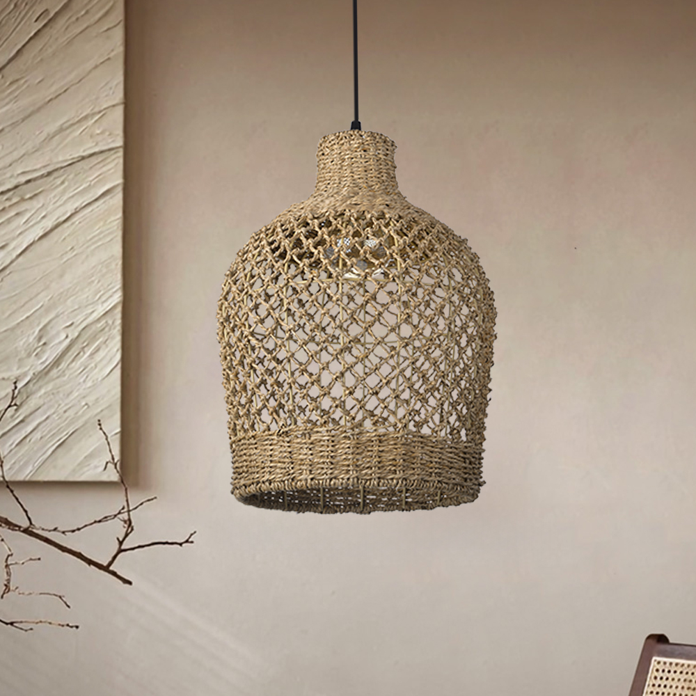 Wabi-sabi Style Dining Table Vase Shape Lamp Rattan Seagrass Pendant Light