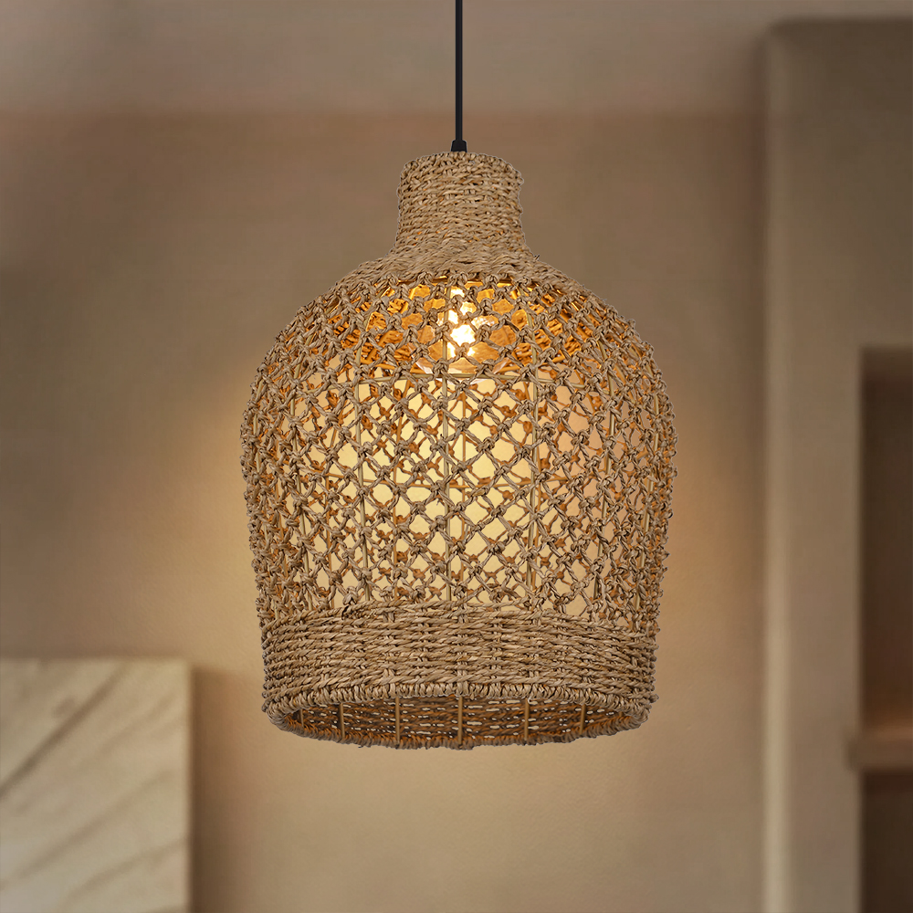 Wabi-sabi Style Dining Table Vase Shape Lamp Rattan Seagrass Pendant Light