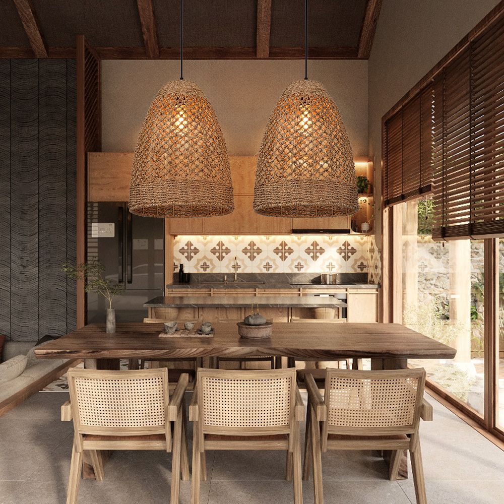 Vintage Dining Room Handwoven Rattan Pendant Light