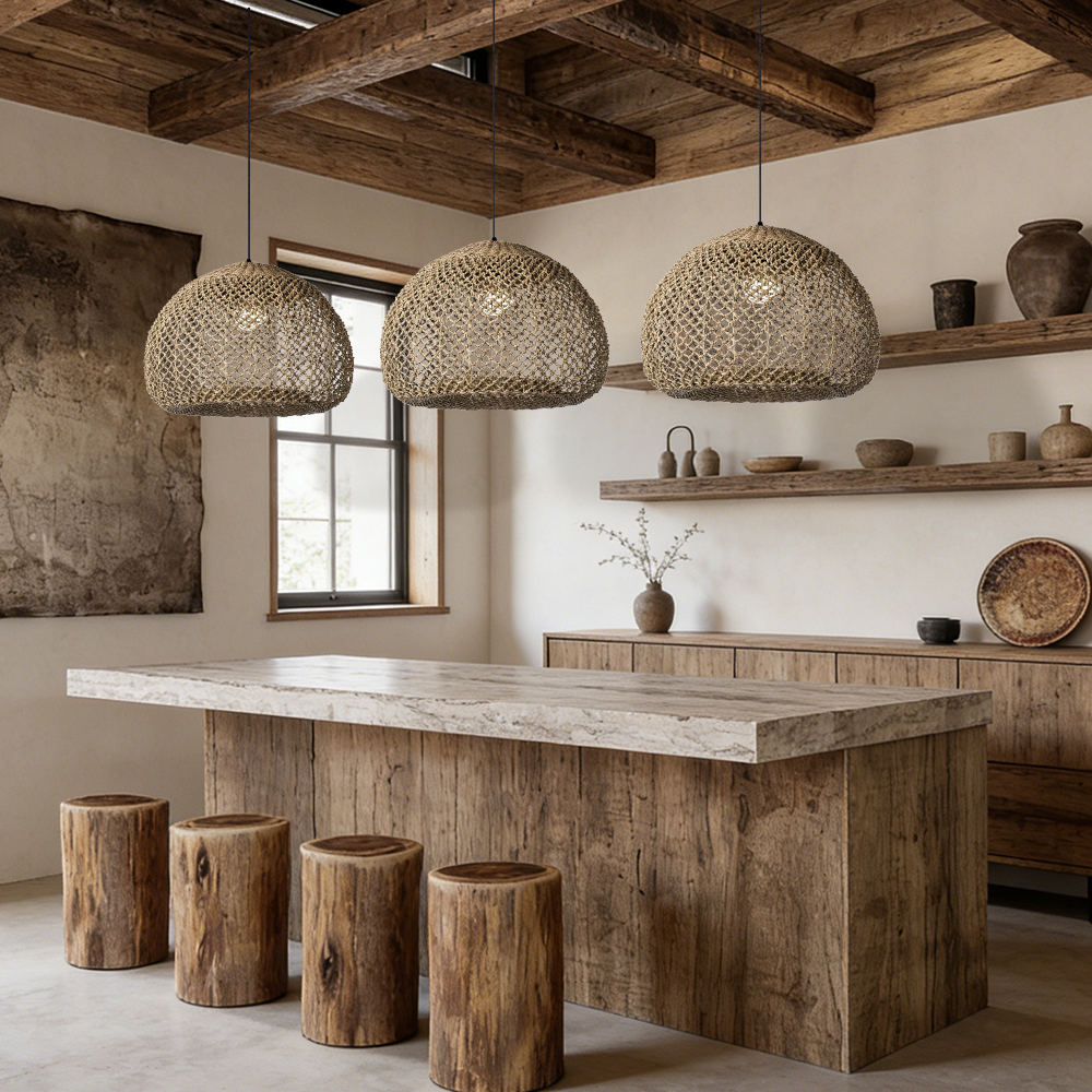 Wabi Sabi Handwoven Natural Seagrass Pendant Light for Dining Room