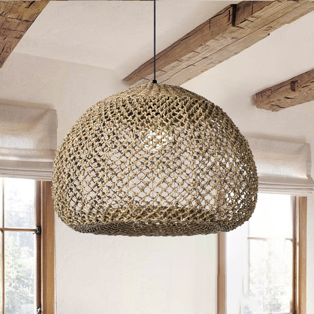 Wabi Sabi Handwoven Natural Seagrass Pendant Light for Dining Room