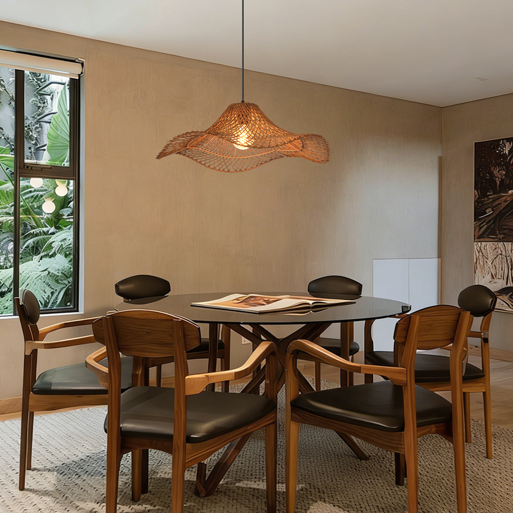 Handwoven Rattan Wave Pendant Light Wabi-Sabi Style Dining Room Decor Lamp