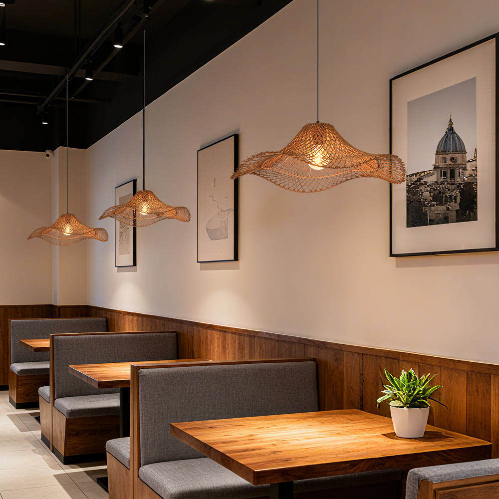 Handwoven Rattan Wave Pendant Light Wabi-Sabi Style Dining Room Decor Lamp