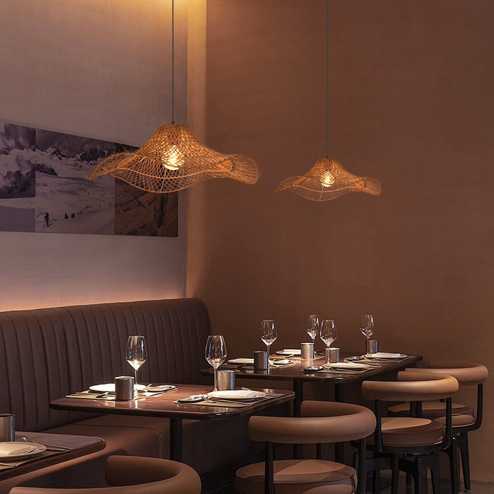 Handwoven Rattan Wave Pendant Light Wabi-Sabi Style Dining Room Decor Lamp