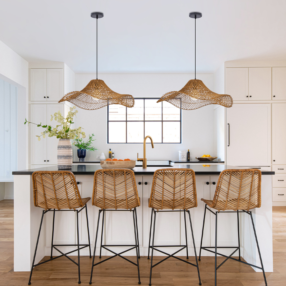 Handwoven Rattan Wave Pendant Light Wabi-Sabi Style Dining Room Decor Lamp