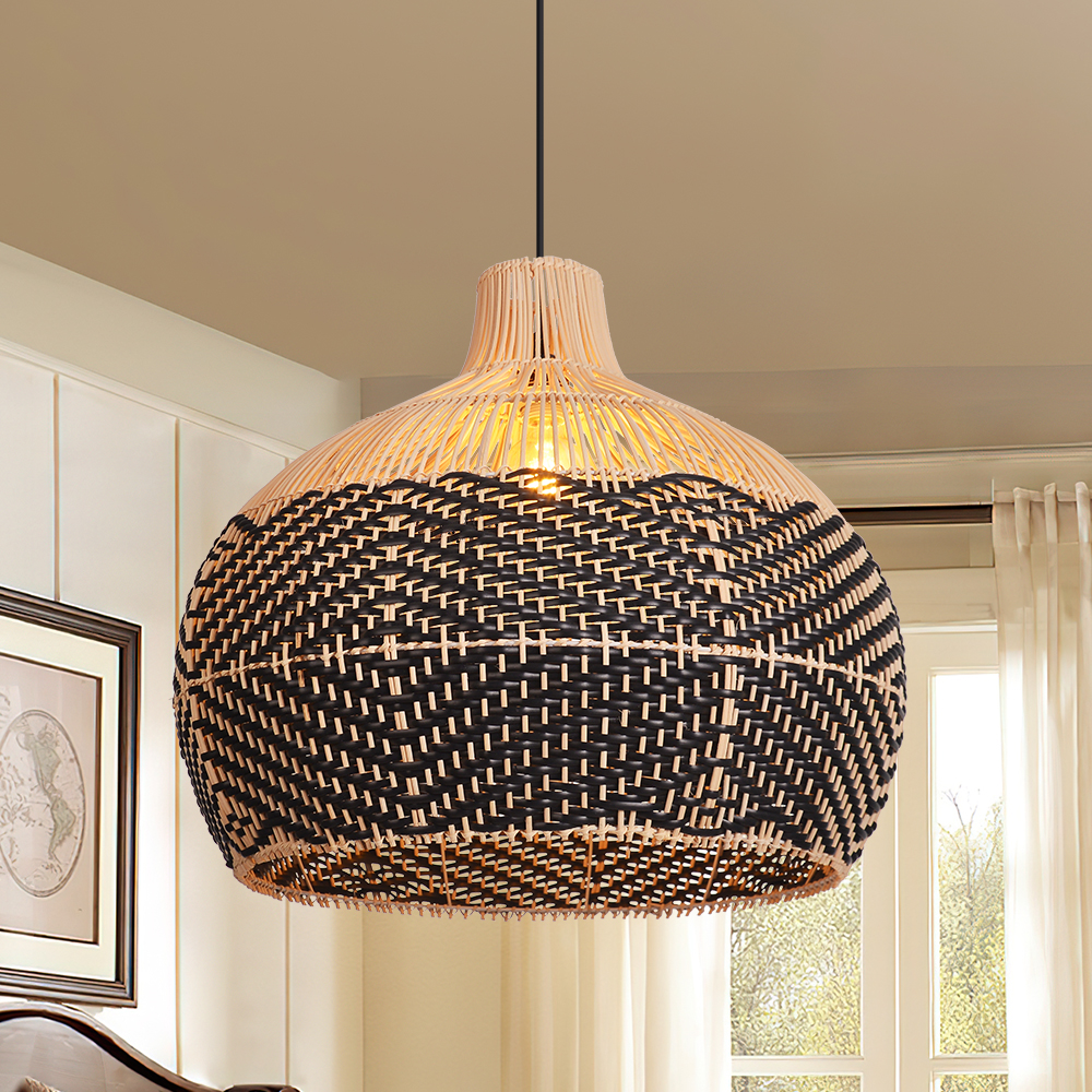 Wabi-sabi Style Home Kitchen Hanging Lamp Black Pattern Rattan Pendant Light