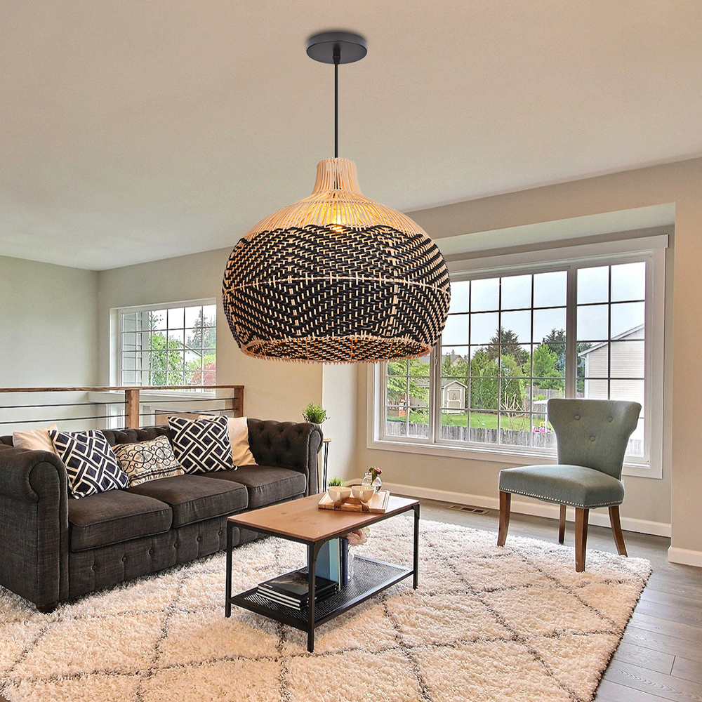 Wabi-sabi Style Home Kitchen Hanging Lamp Black Pattern Rattan Pendant Light