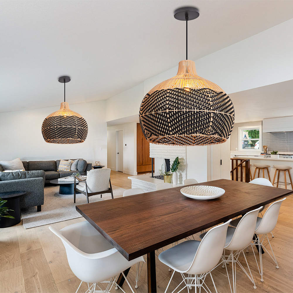 Wabi-sabi Style Home Kitchen Hanging Lamp Black Pattern Rattan Pendant Light