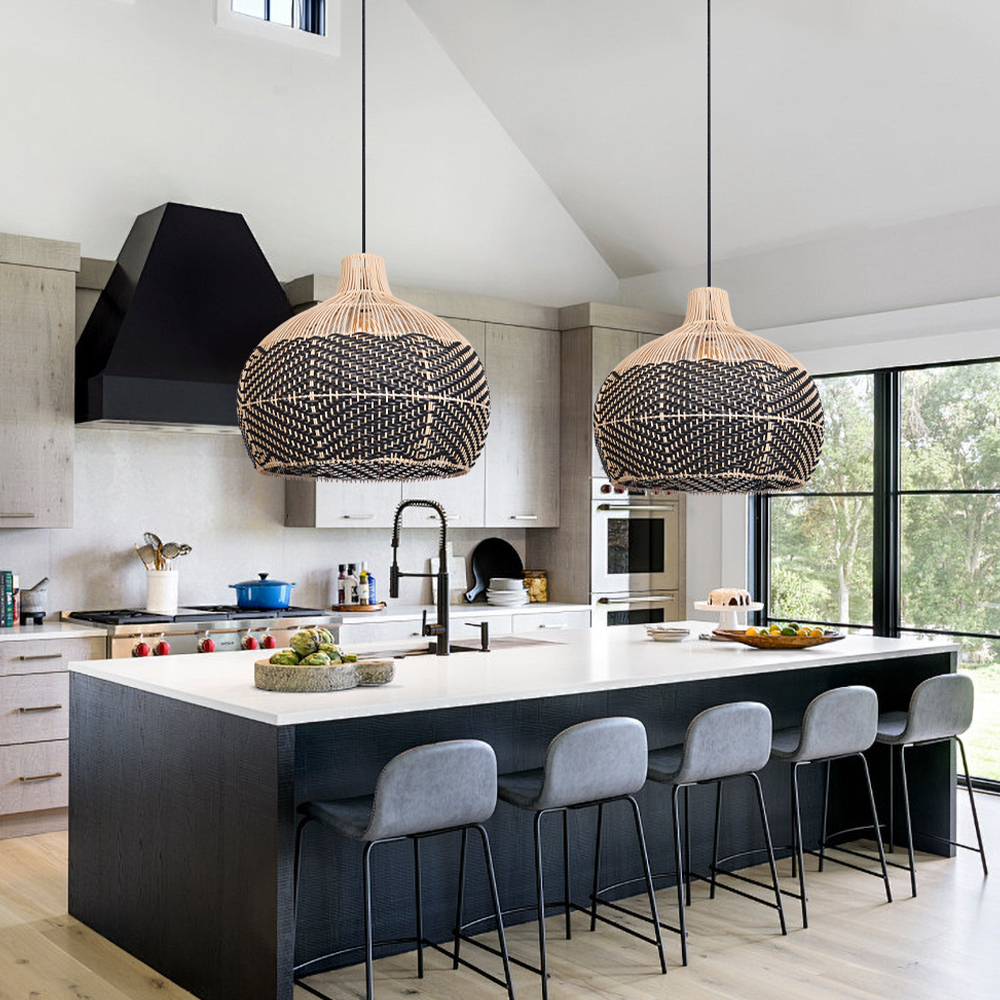 Wabi-sabi Style Home Kitchen Hanging Lamp Black Pattern Rattan Pendant Light