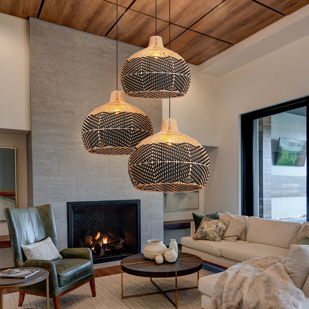 Wabi-sabi Style Home Kitchen Hanging Lamp Black Pattern Rattan Pendant Light
