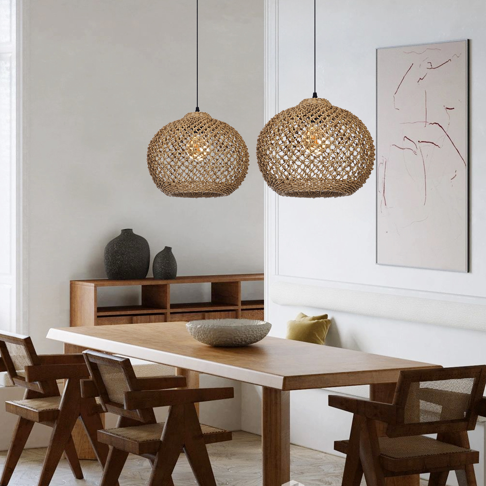 Japanese Style Wicker Pendant Light Dining Room Round Lampshade