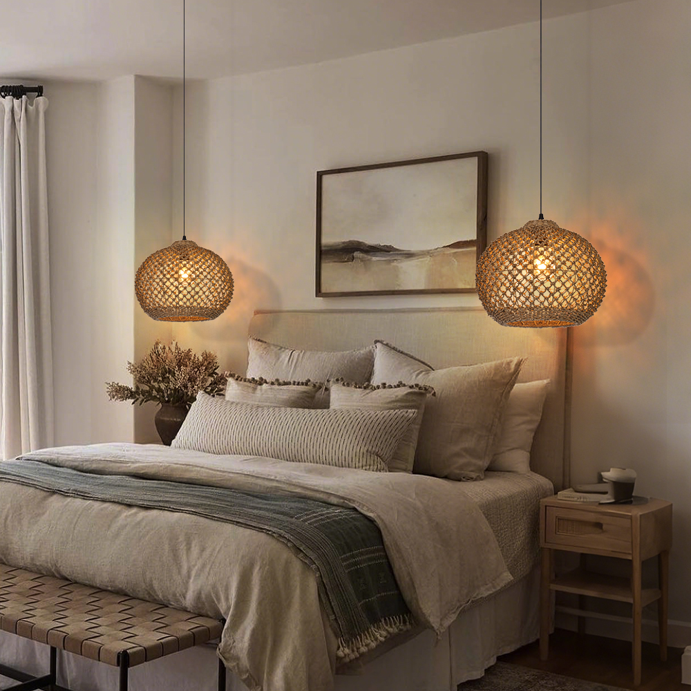 Japanese Style Wicker Pendant Light Dining Room Round Lampshade