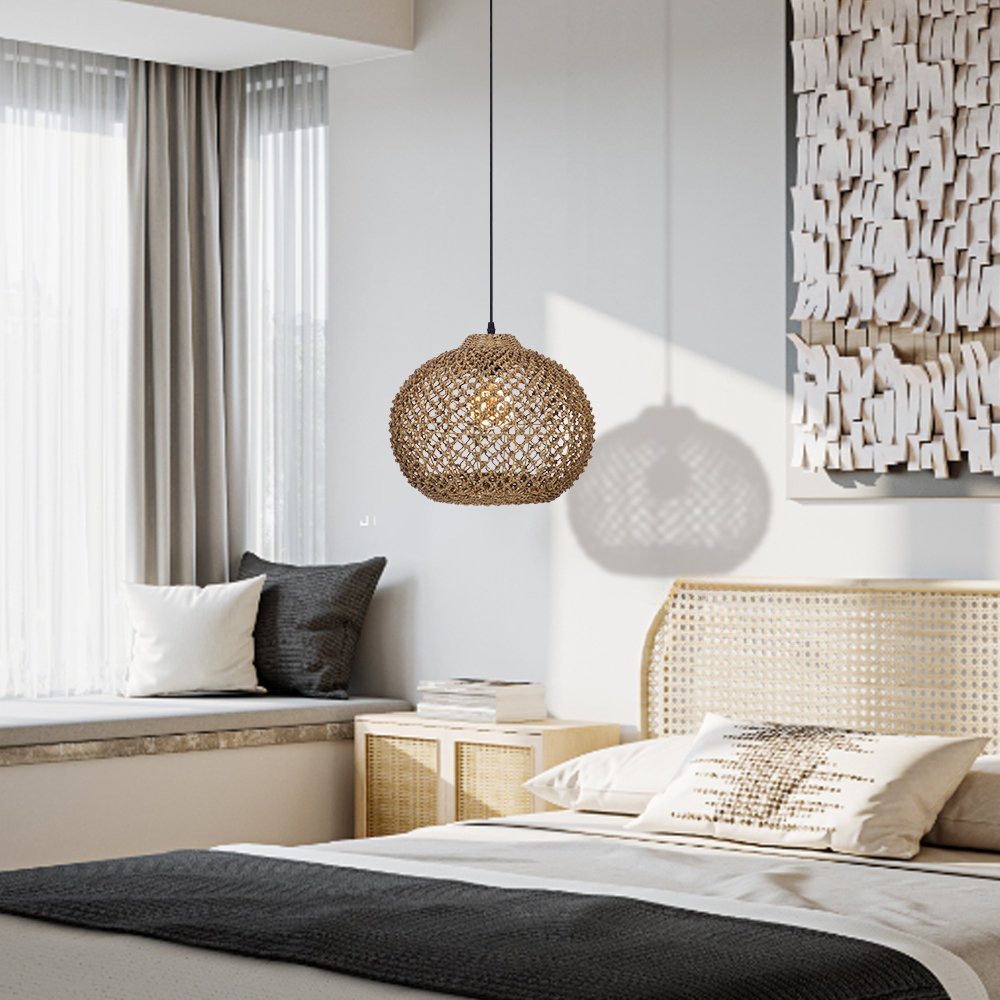 Japanese Style Wicker Pendant Light Dining Room Round Lampshade