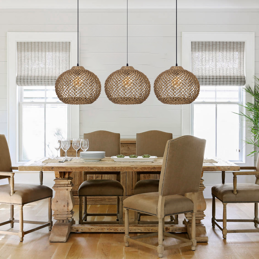 Japanese Style Wicker Pendant Light Dining Room Round Lampshade