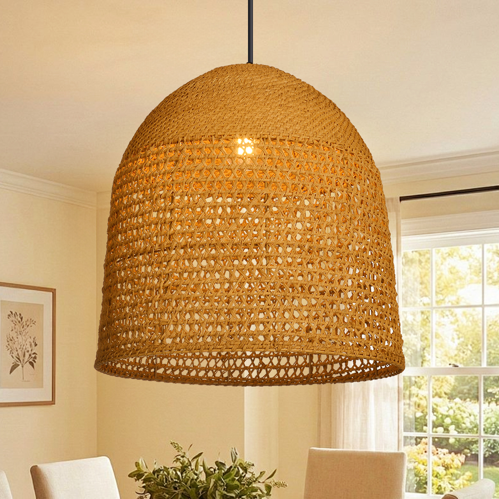 Handwoven Natural Rattan Pendant Light for Modern Farmhouse Kitchen Island