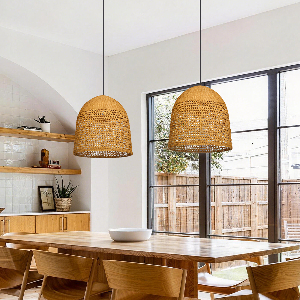 Handwoven Natural Rattan Pendant Light for Modern Farmhouse Kitchen Island