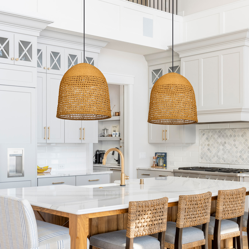 Handwoven Natural Rattan Pendant Light for Modern Farmhouse Kitchen Island