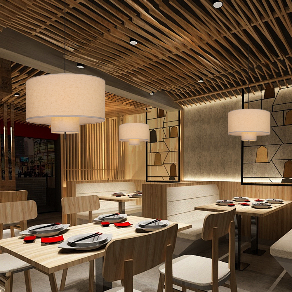 Japanese Style Double Layer Fabric Pendant Light Living Room Fixtures