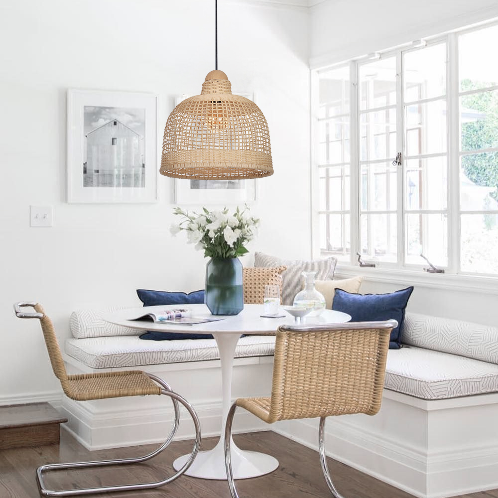 Japanese Style Grid Hand-woven Rattan Dining Table Pendant Light