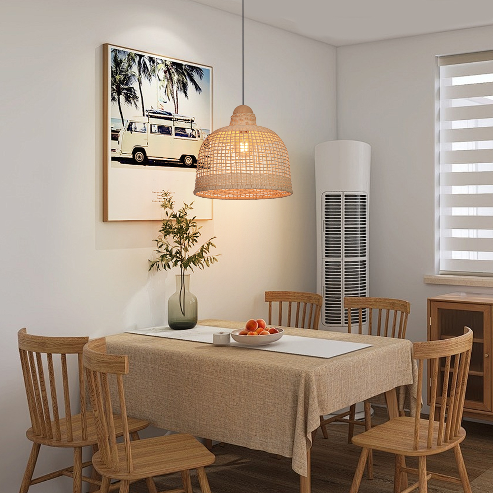 Japanese Style Grid Hand-woven Rattan Dining Table Pendant Light